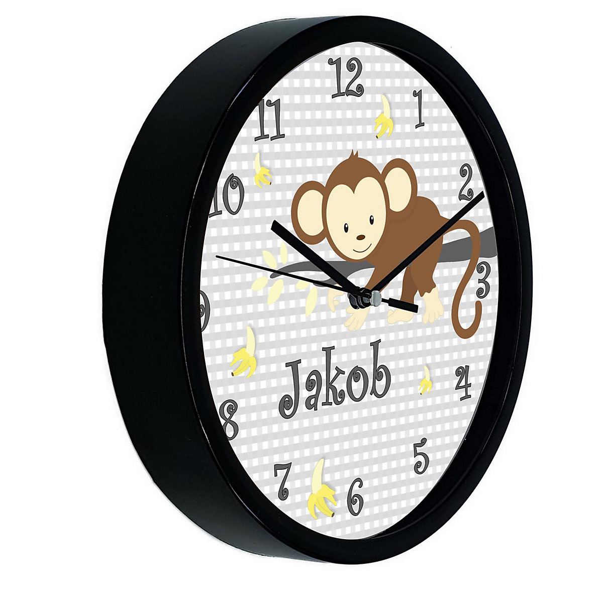 Kinder Wanduhr personalisiert mit Name Affe hängend Grau