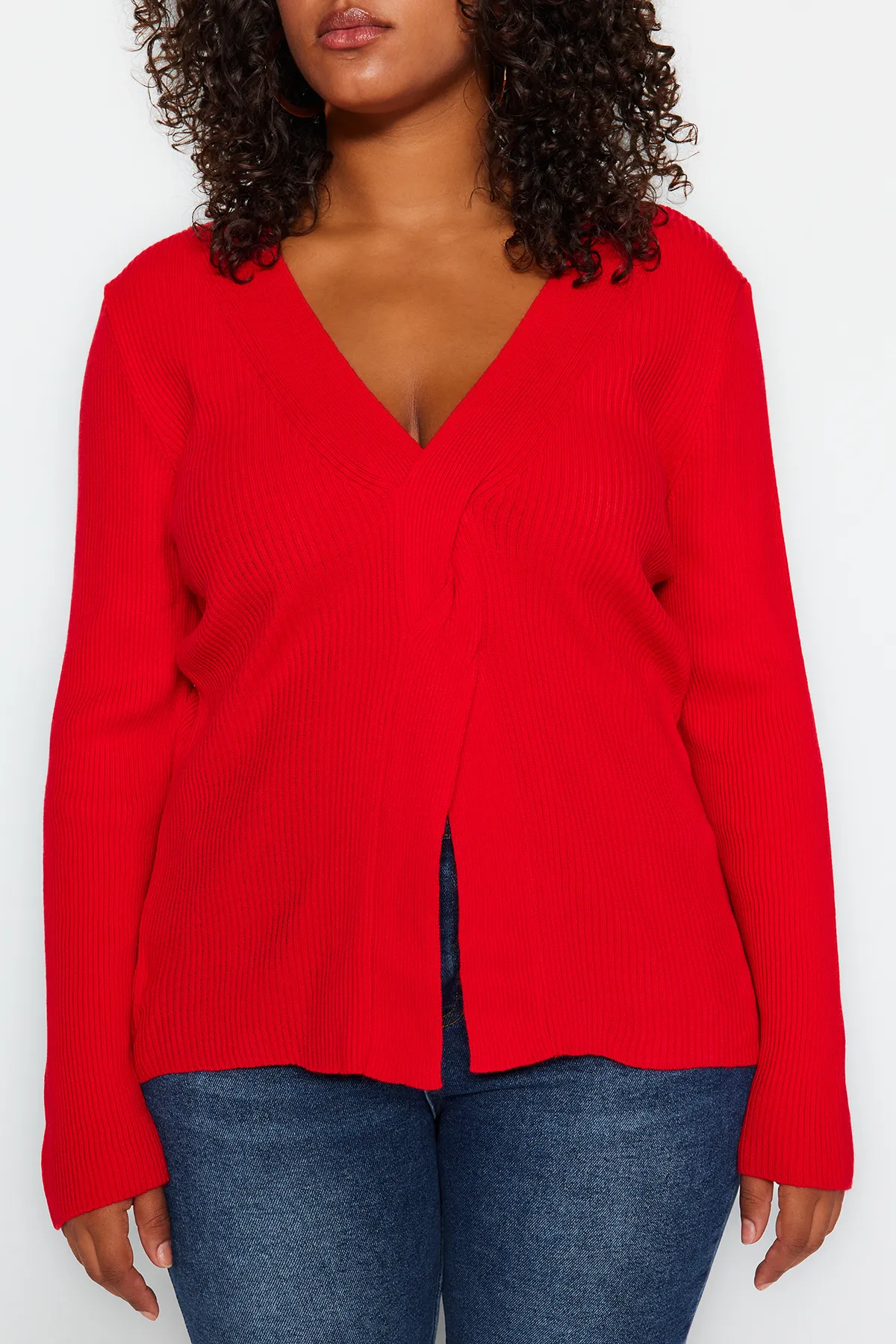 Trendyol Curve  Roter Strickpullover in großen Größen TBBAW24AN00101