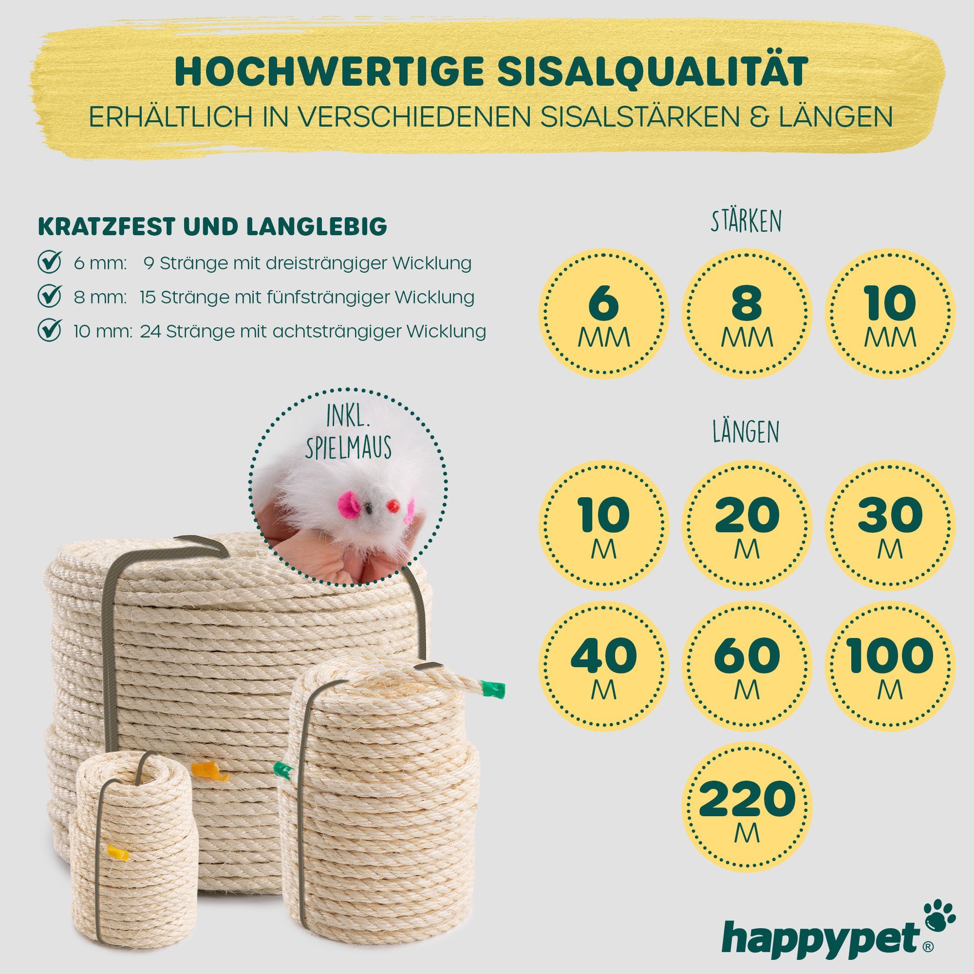 Happypet Kratzbaum Sisalseil, DIY Sisalschnur Hanfseil, Krallenpflege für Katzen, Gratis Spielmaus