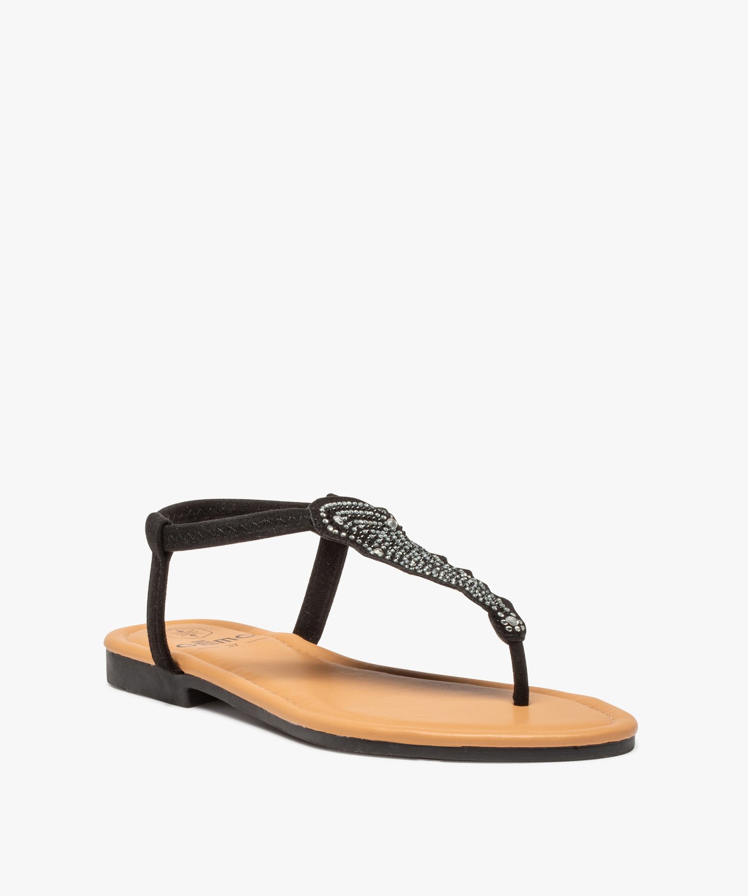 Sandales femme à entre-doigts ornées de strass noir | GEMO
