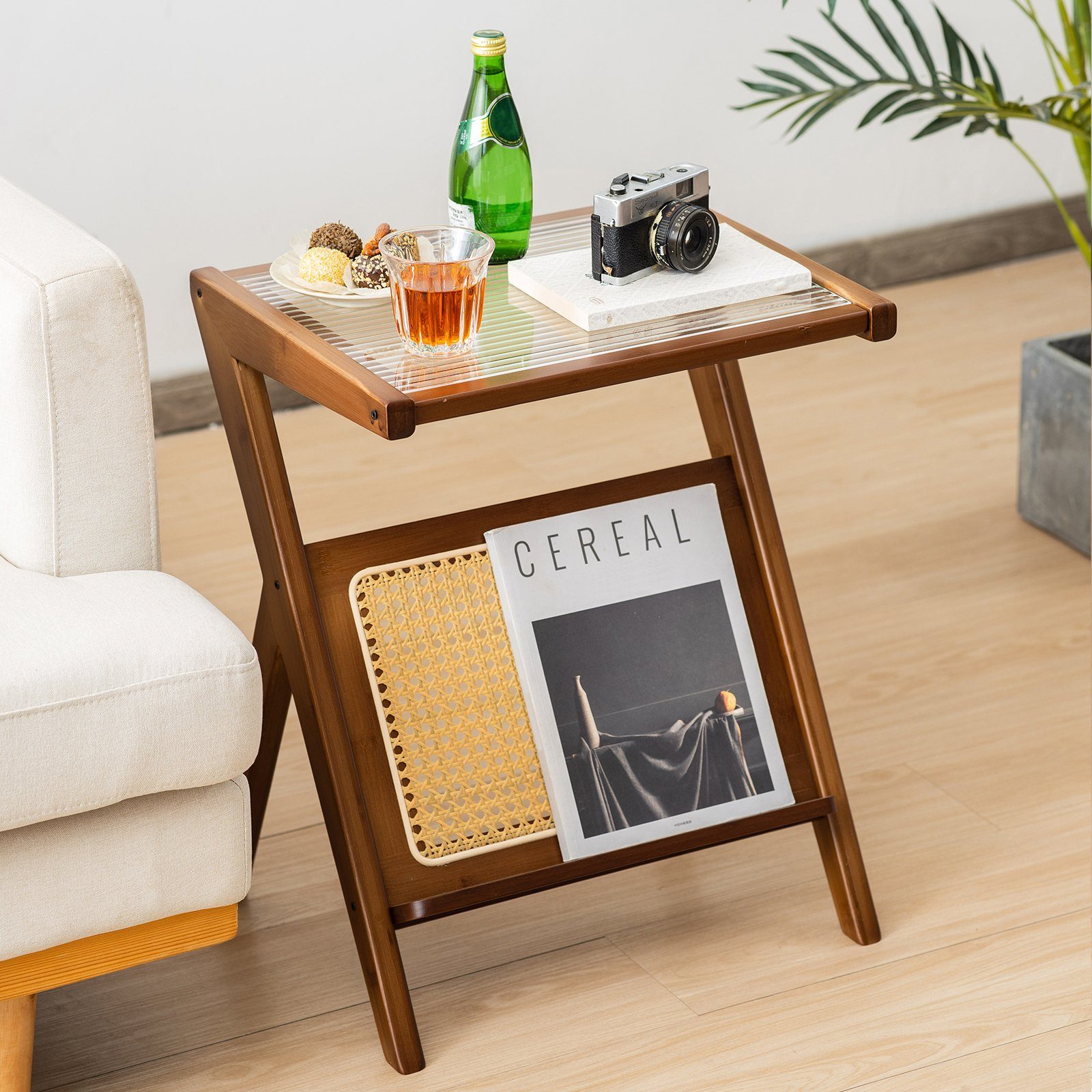 COSTWAY Couchtisch, Bambus, mit gehärteter Glasplatte & Rattan Magazinhalter