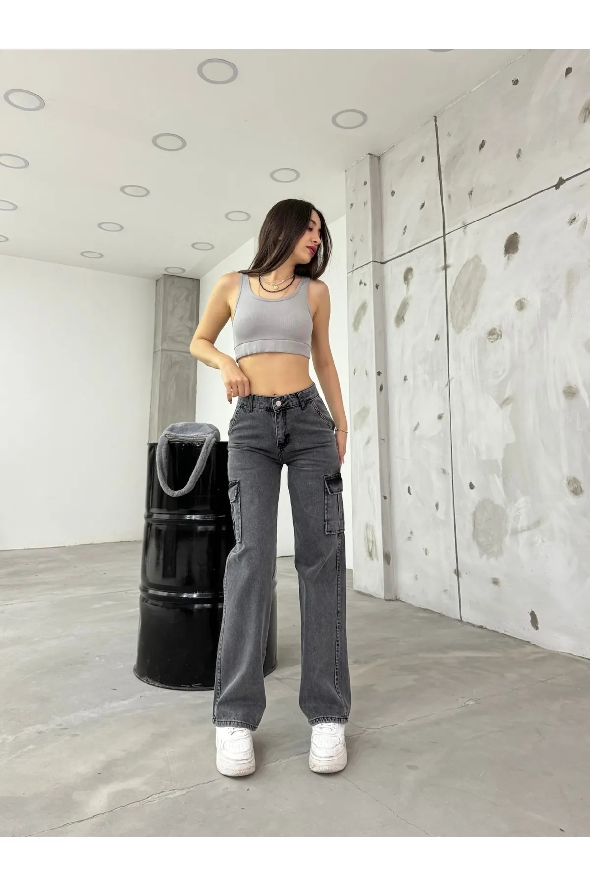 BİKELİFE  Geräucherte Damen-Cargohose mit hoher Taille und weitem Bein
