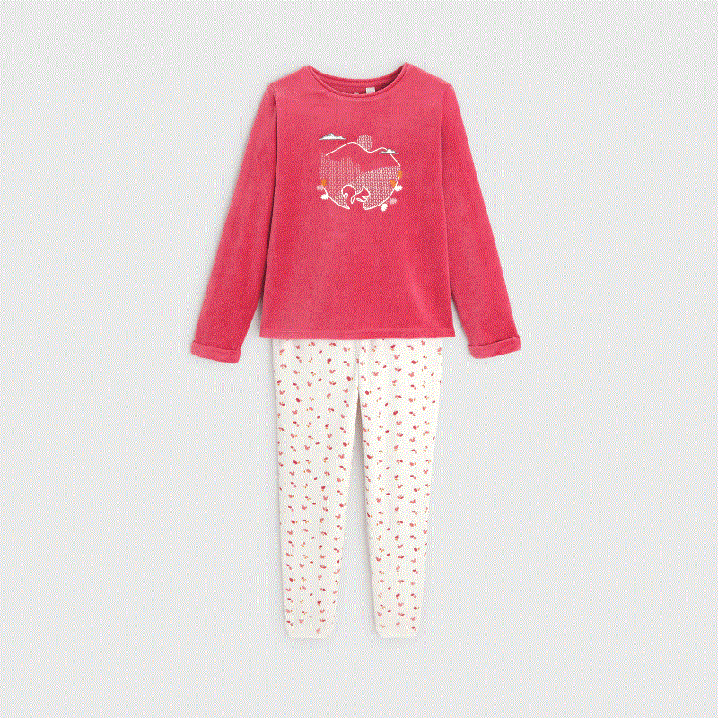 Pyjama 2 pièces en velours motif écureuil rose fille
