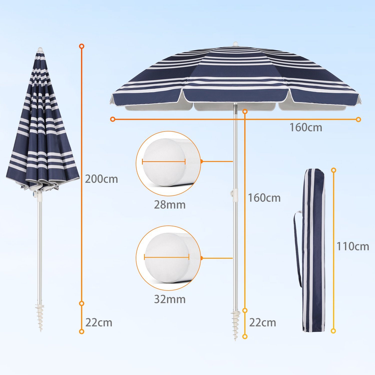 Sekey Sonnenschirm 160 cm Strandschirm mit Bodenhülse & Schutzhülle, UV-Schutz 50+, LxB: 160,00x160,00 cm, Neigungswinkel und Höhe verstellbar