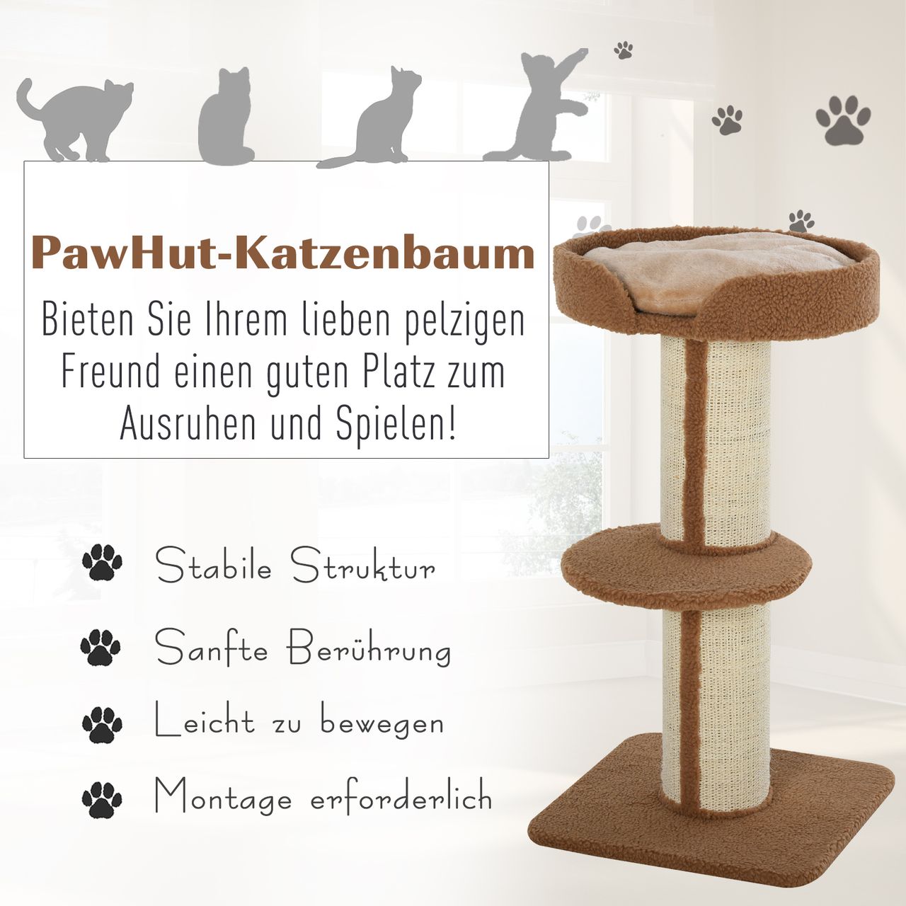 PawHut Katzenbaum Spielbaum Kratzstamm mit Plattform Sisal E1 Spanplatte Plüsch Hellbraun 45 x 45 x 91 cm