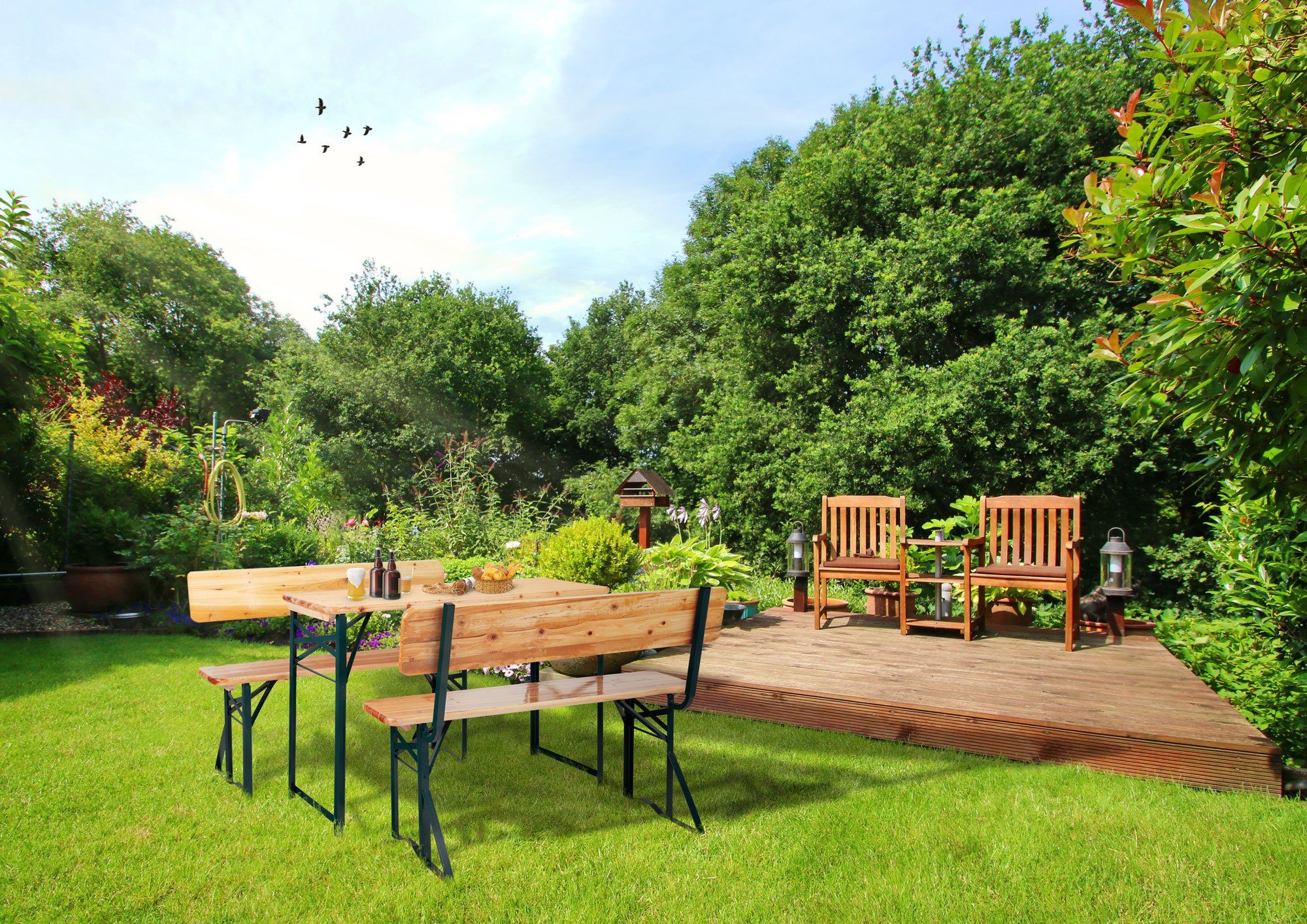Stagecaptain Bierzeltgarnitur Hirschgarten BB-119 Sitzgarnitur mit Lehne 119 cm Länge, (3-tlg., 2 x Bank, 1 x Tisch), Mit aufsteckbarer Rückenlehne