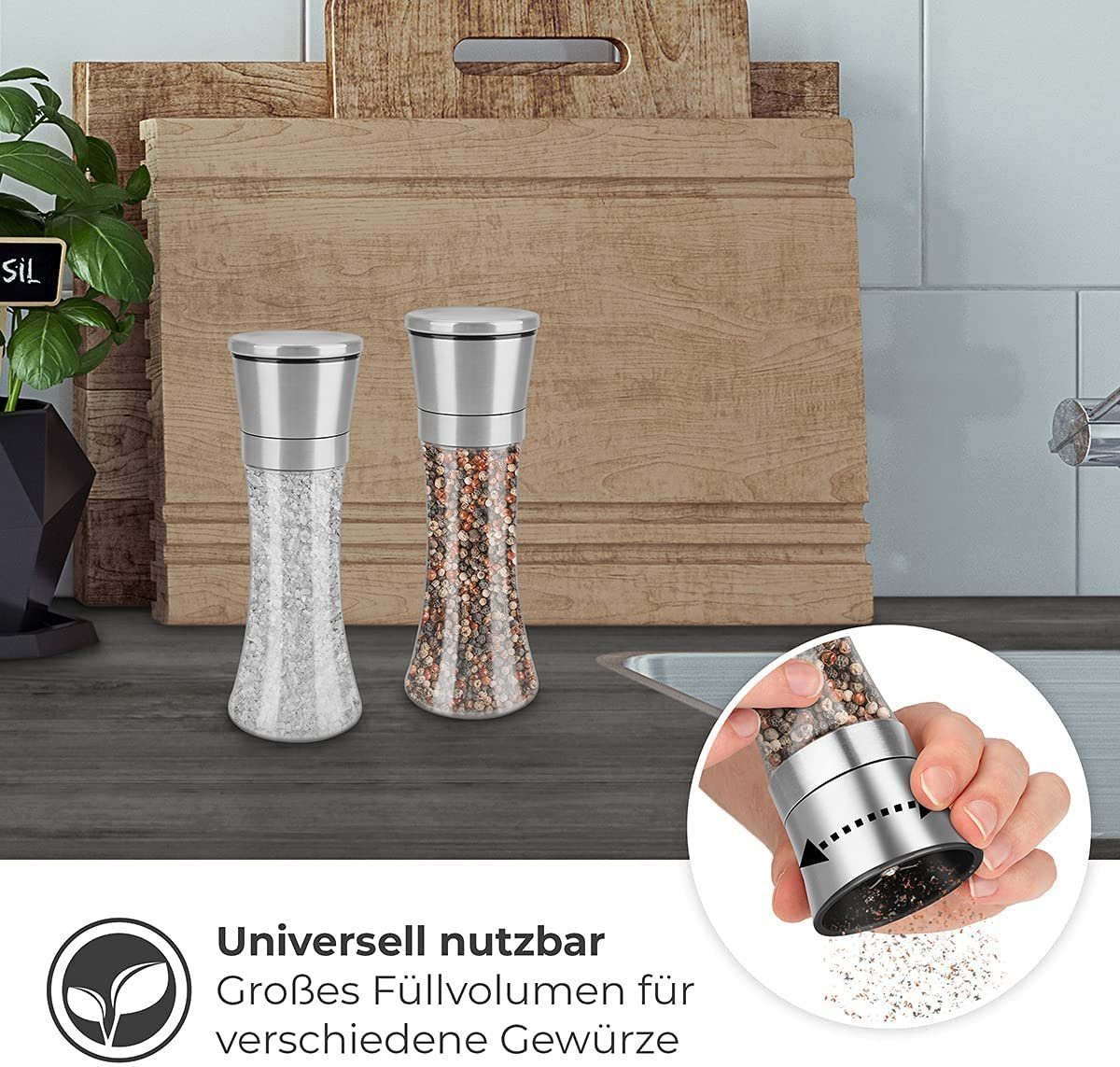 Thingles Gewürzmühle 2er Set Gewürzmühlen Keramikmahlwerk 19cm Schwarz, Schwarz 19 Cm