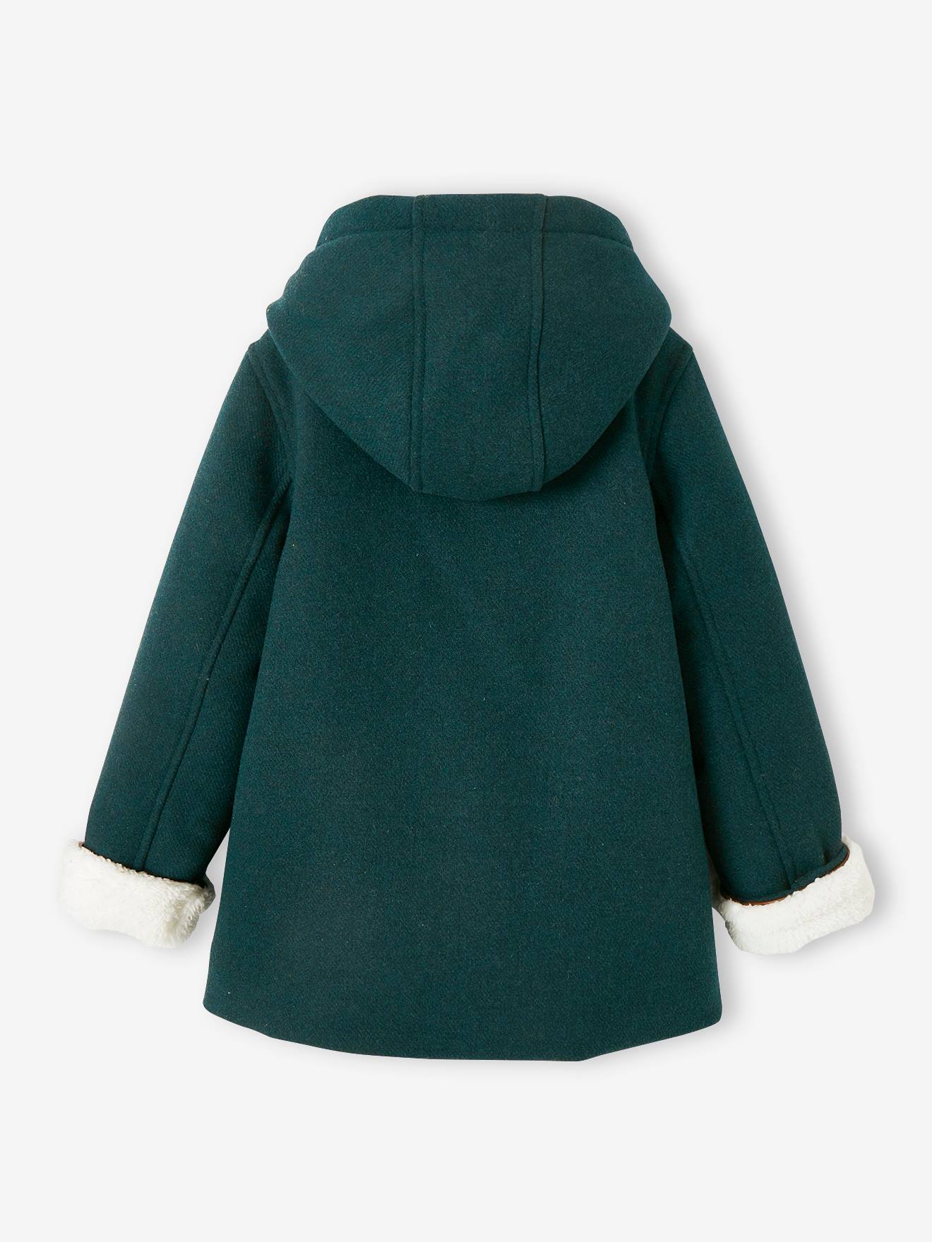 Manteau à capuche en drap de laine fille doublé sherpa chamois