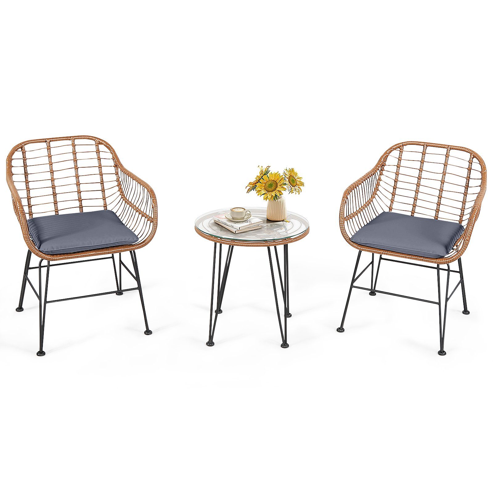 COSTWAY Balkonset, 3-tlg, Rattan, 2 personen, mit Sitzkissen, 180kg