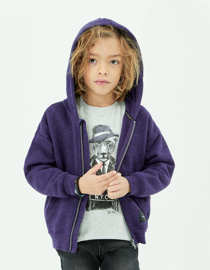 Cardigan violet molleton broderie capuche garçon