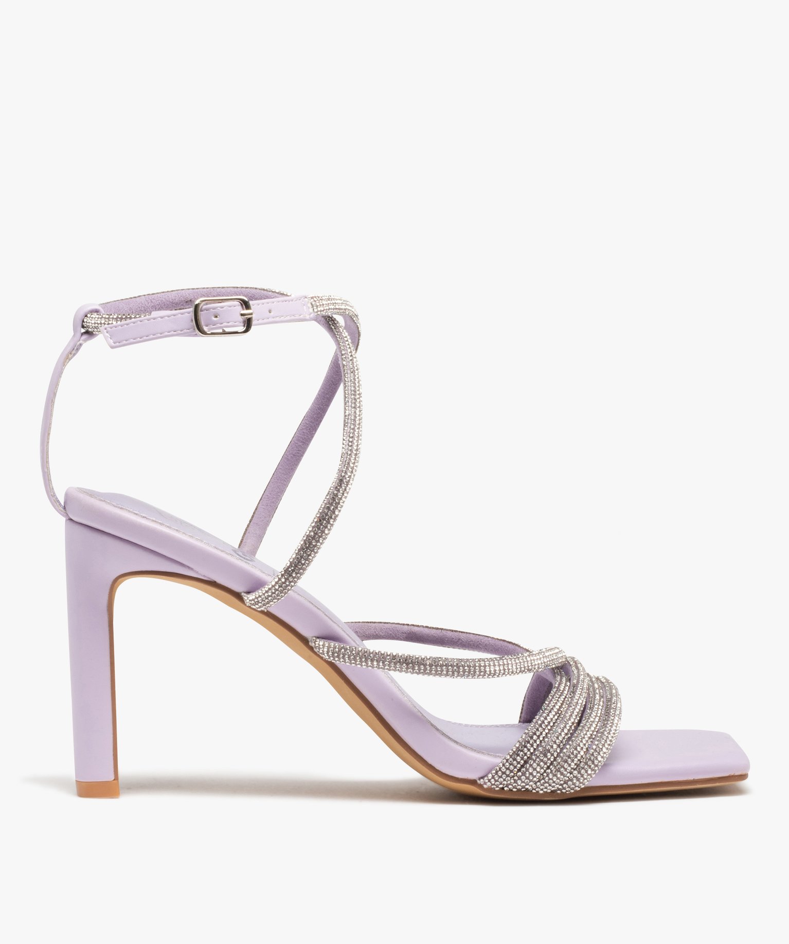 Sandales femme à talon haut dessus fines brides strass violet clair | GEMO