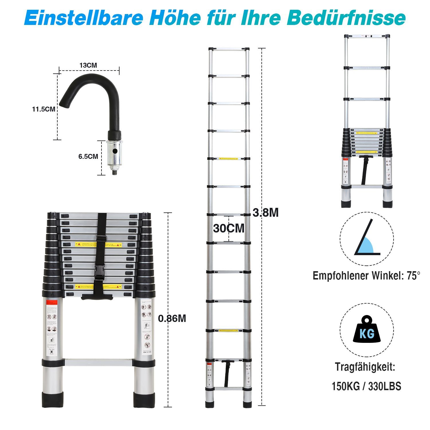 Yakimz Teleskopleiter Teleskopleiter Alu 3.8m Ausziehleiter Anlegeleiter mit haken Silber