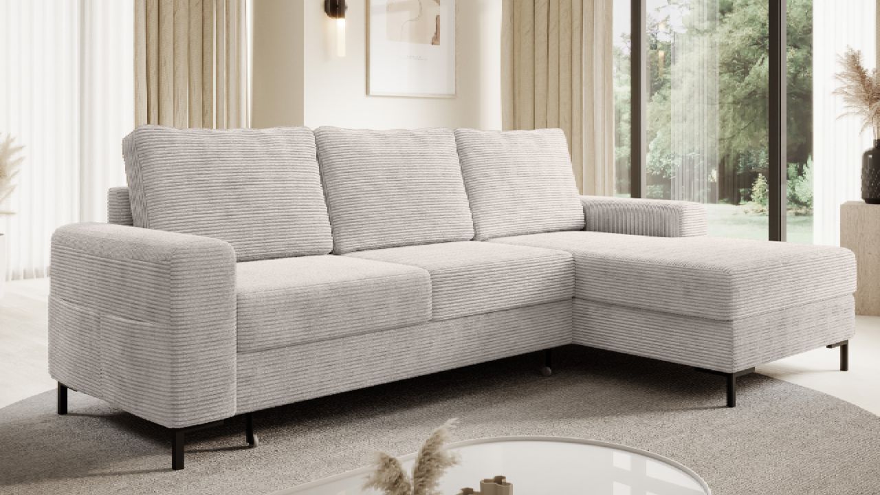 Möbel Punkt Ecksofa SAIGON Cord Lichtgrau mit Bettfunktion und Bettkasten Bett Sofa Schlafsofa Ottomane rechts