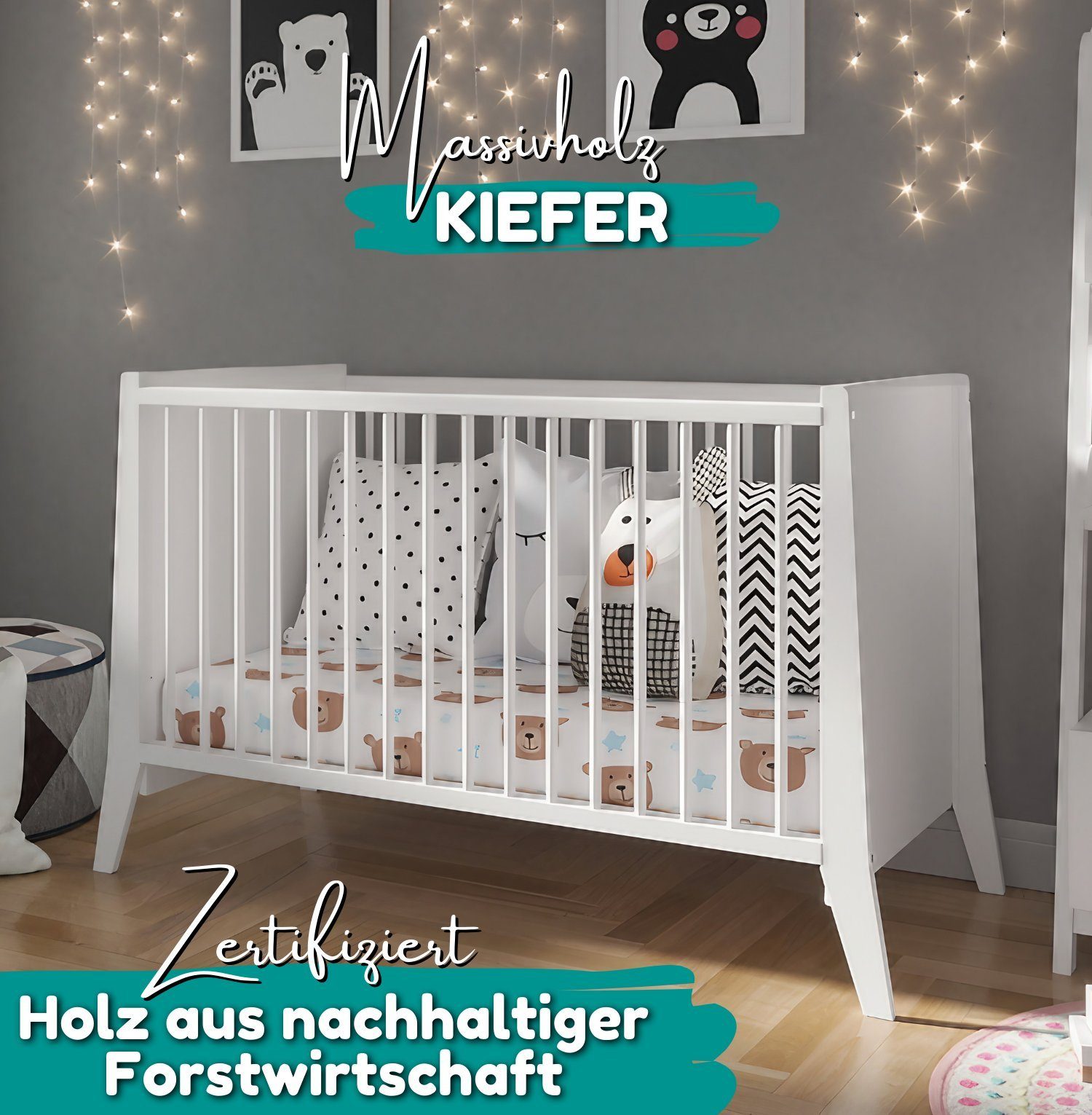 Alavya Home® Babybett PARKER I Qualitätsträume I für den ruhigen Schlaf Ihres Schatzes, Babybett 60x120 ohne Matratze mit höhenverstellbar aus Kiefernholz