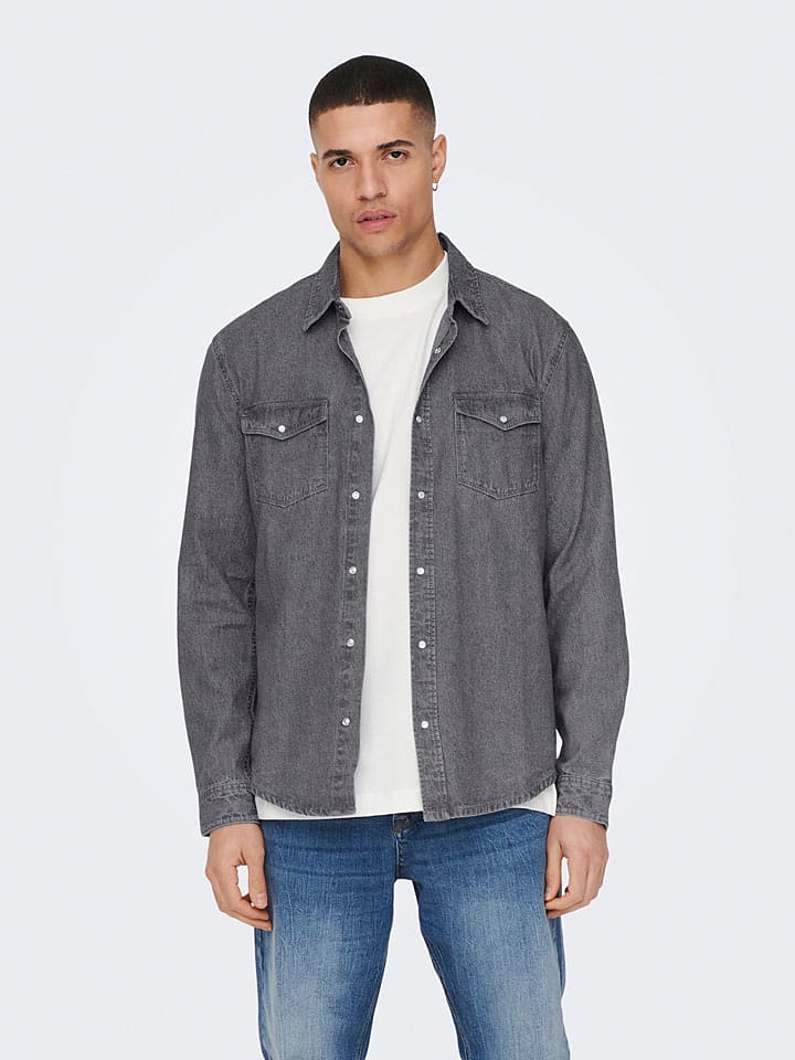 ONLY & SONS Jeanshemd - Regular fit - in Grau günstig kaufen