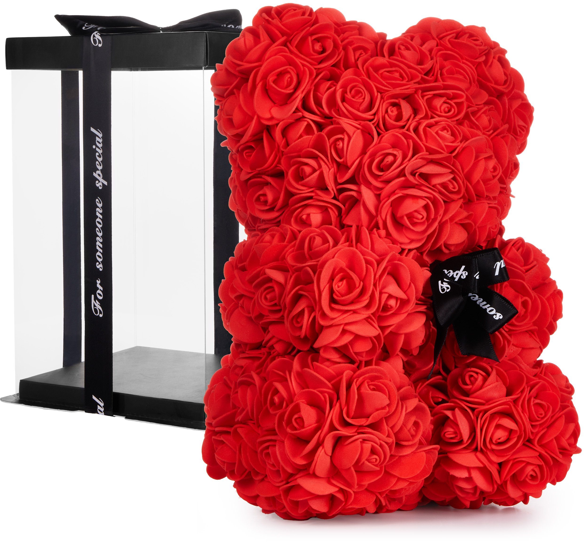 Kunstblume Rosenbär in Geschenkbox mit Schleife - Valentinstagsgeschenk Kunstblumenfigur, BRUBAKER, Höhe 25 cm, Rosen Bär, Blumen Teddy Geschenk Valentinstag, Rosen Teddybär