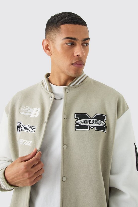 Oversize Jersey-Bomberjacke mit Moto-Applikation
