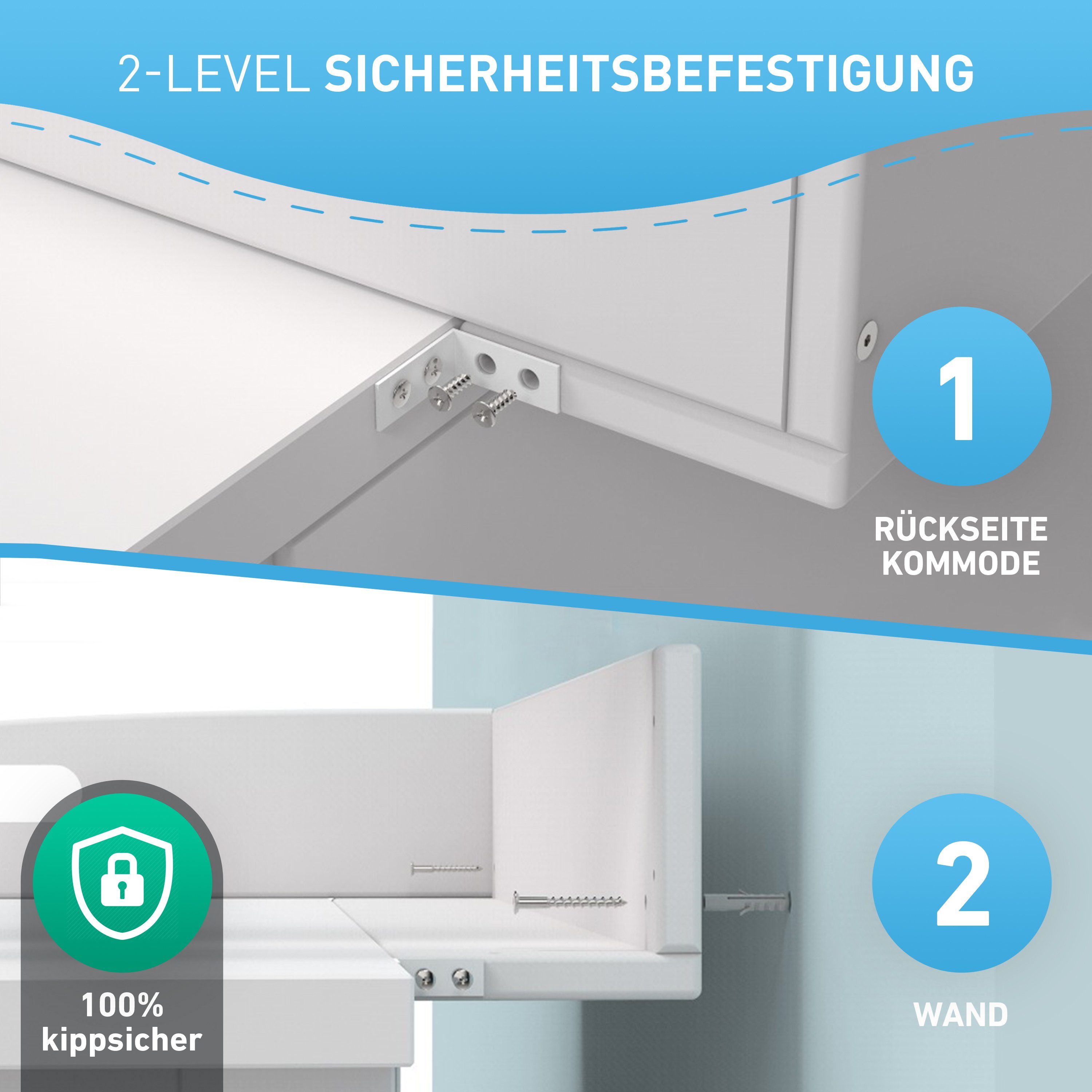 FLIPLINE® Wickelaufsatz für IKEA Hemnes Kommode [85x75x13cm], INKL. 2-Stufen-Sicherheit an Wand und Kommode