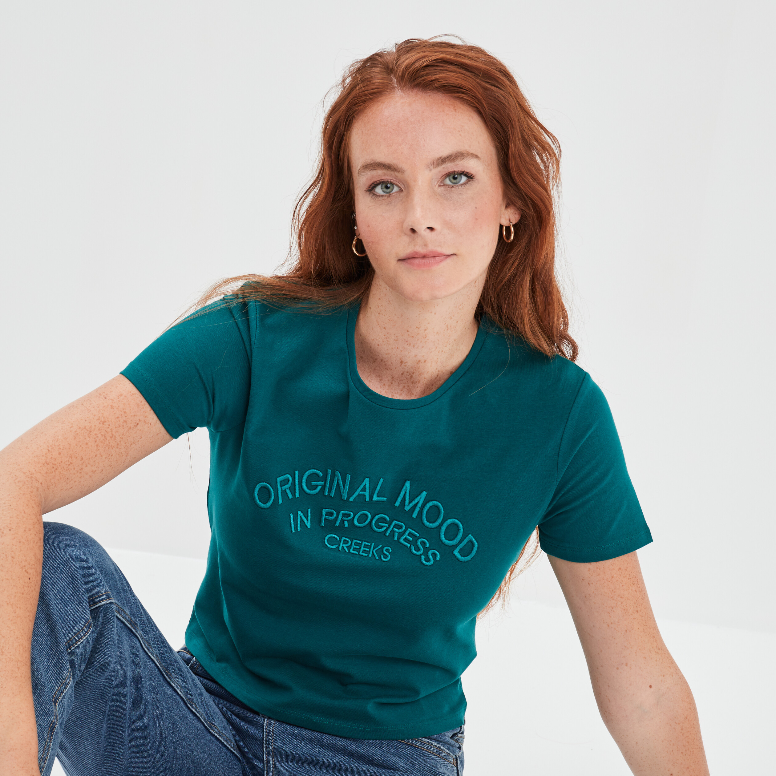 T-shirt cropped ajusté broderie Creeks vert émeraude femme | La Halle