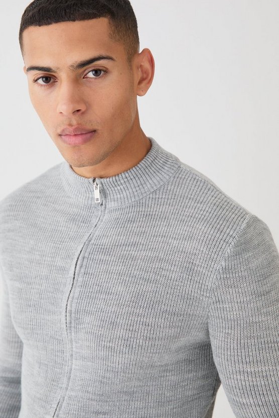 Gerippte Muscle-Fit Strickjacke mit Reißverschluss
