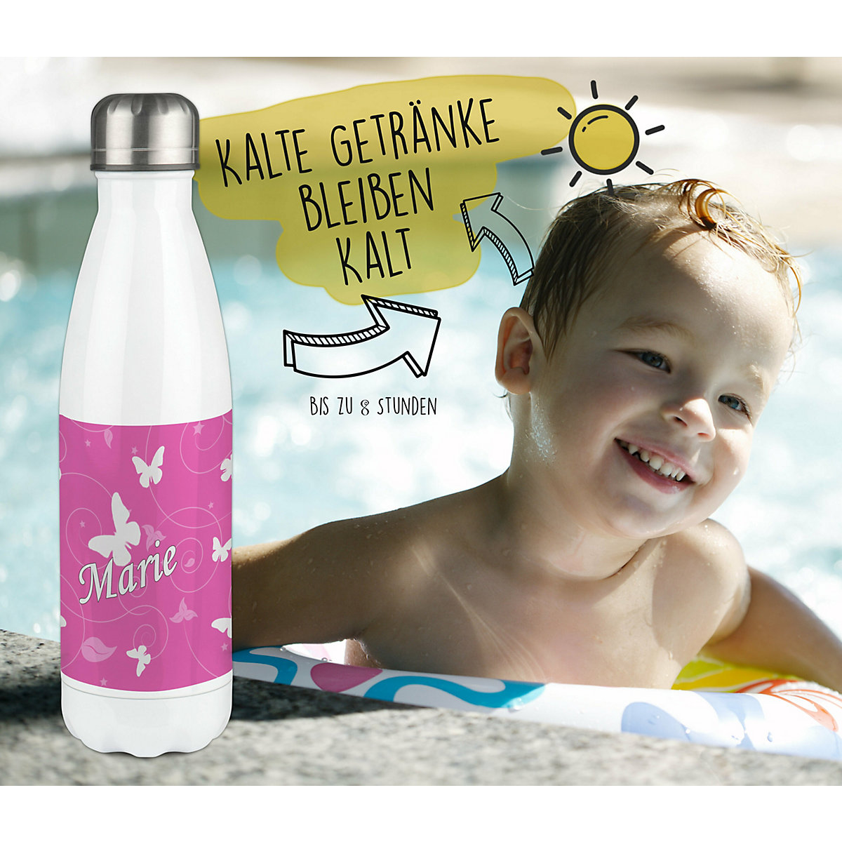 Edelstahl Kinder Thermoflasche / Trinkflasche bunt Schmetterling Ornamente Farbe rosa Spülmaschinenfest, Auslaufsicher, Bruchfest, Doppelwandig, Für Heißgetränke geeignet, Mit Deckel, Isoliert