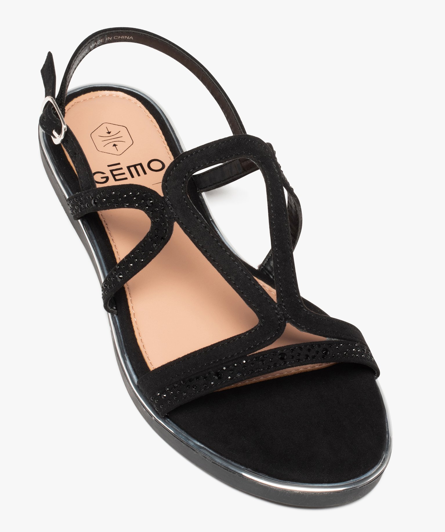 Sandales femme à talon plat en suédine unie détails strass noir | GEMO