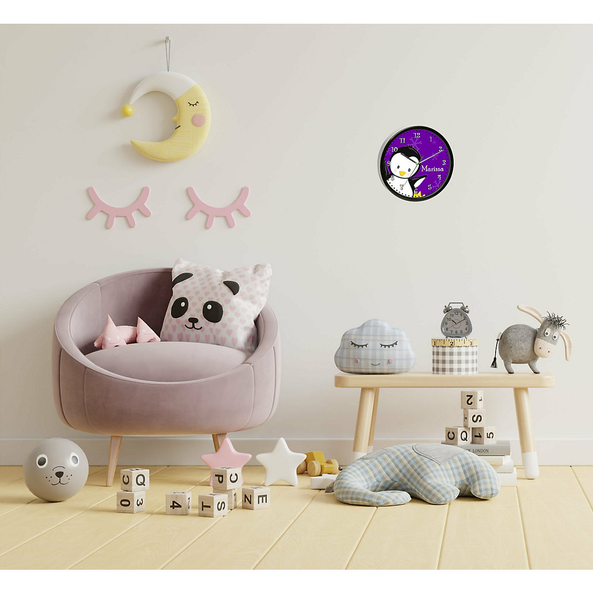 Kinder Wanduhr personalisiert mit Name Pinguin lila