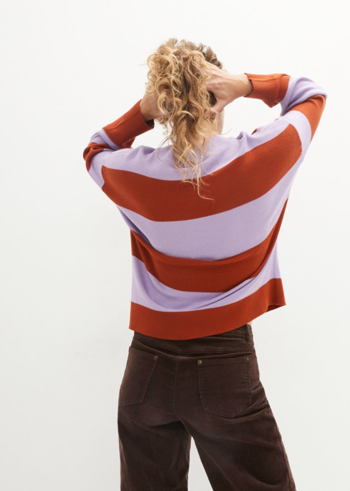 Rundhals-Feinstrickpullover mit Blockstreifen
