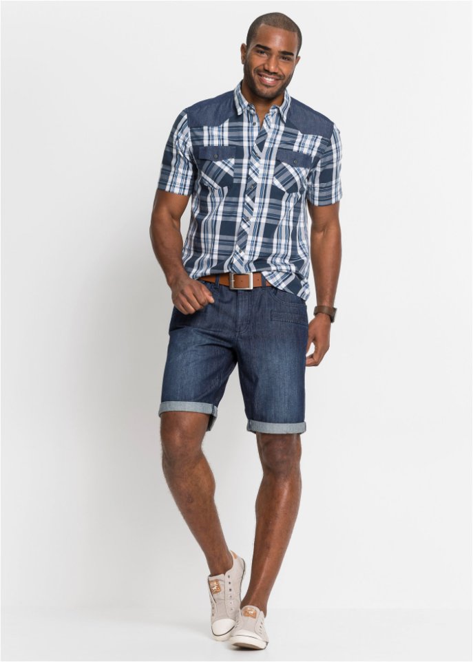 Kurzarmhemd mit Denim-Besatz