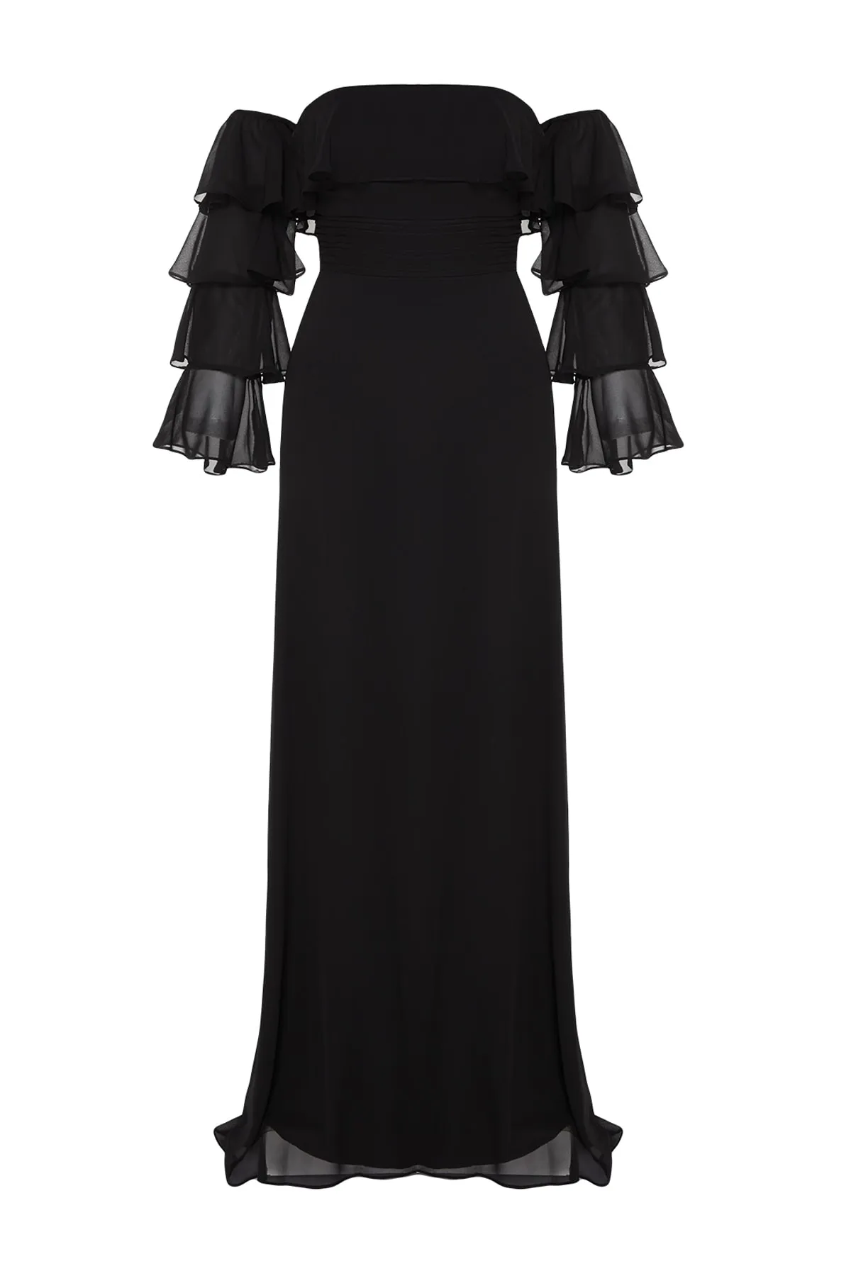 Trendyol Collection  Schwarzes langes Abendkleid aus Chiffon mit Taillenöffnung/Skater-Futter TPRSS23AE00084