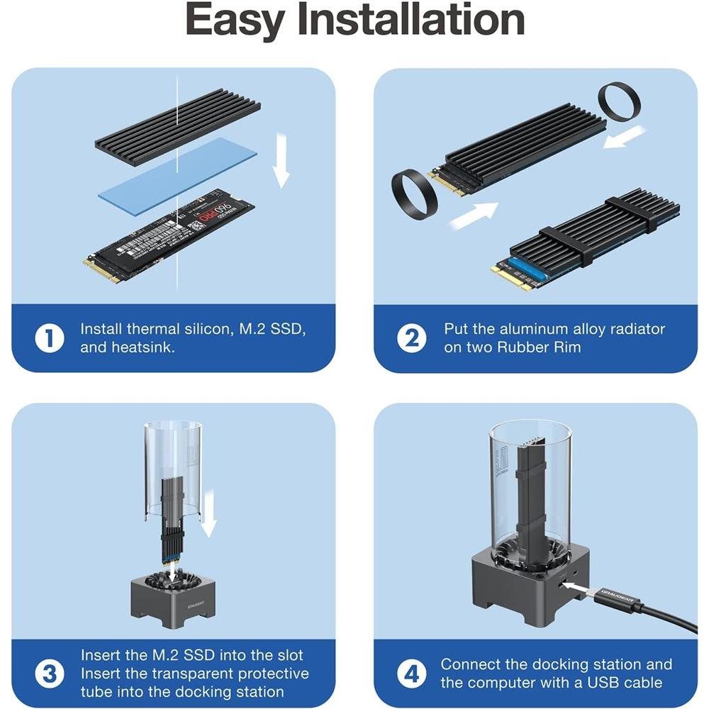 GRAUGEAR Festplatten-Dockingstation 18048, USB C M.2 NVMe NGFF SSD USB 3.2 leiser Lüfter Dockingstation schwarz