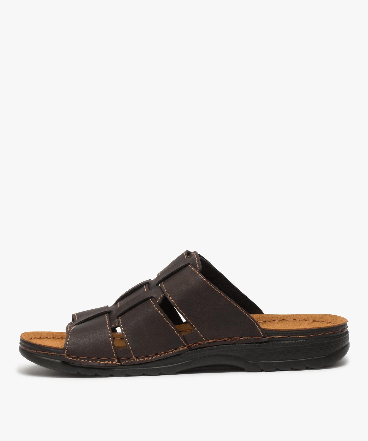 Sandales homme mules à larges brides tressées marron | GEMO