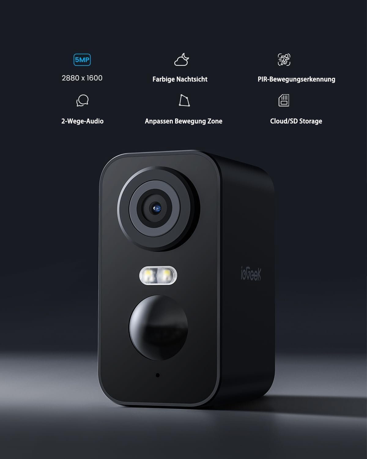 ieGeek 5MP 2K Drahtlose Überwachungskameras Aussen Kamerasystem für zu Hause Überwachungskamera (außen/innen, Intelligente KI-Erkennung,Multi-User-Sharing,Cloud/SD Storage, 2-tlg., Überwachung mit Bewegungslicht, Akku Kamera,Farbige Nachtsicht,WiFi I