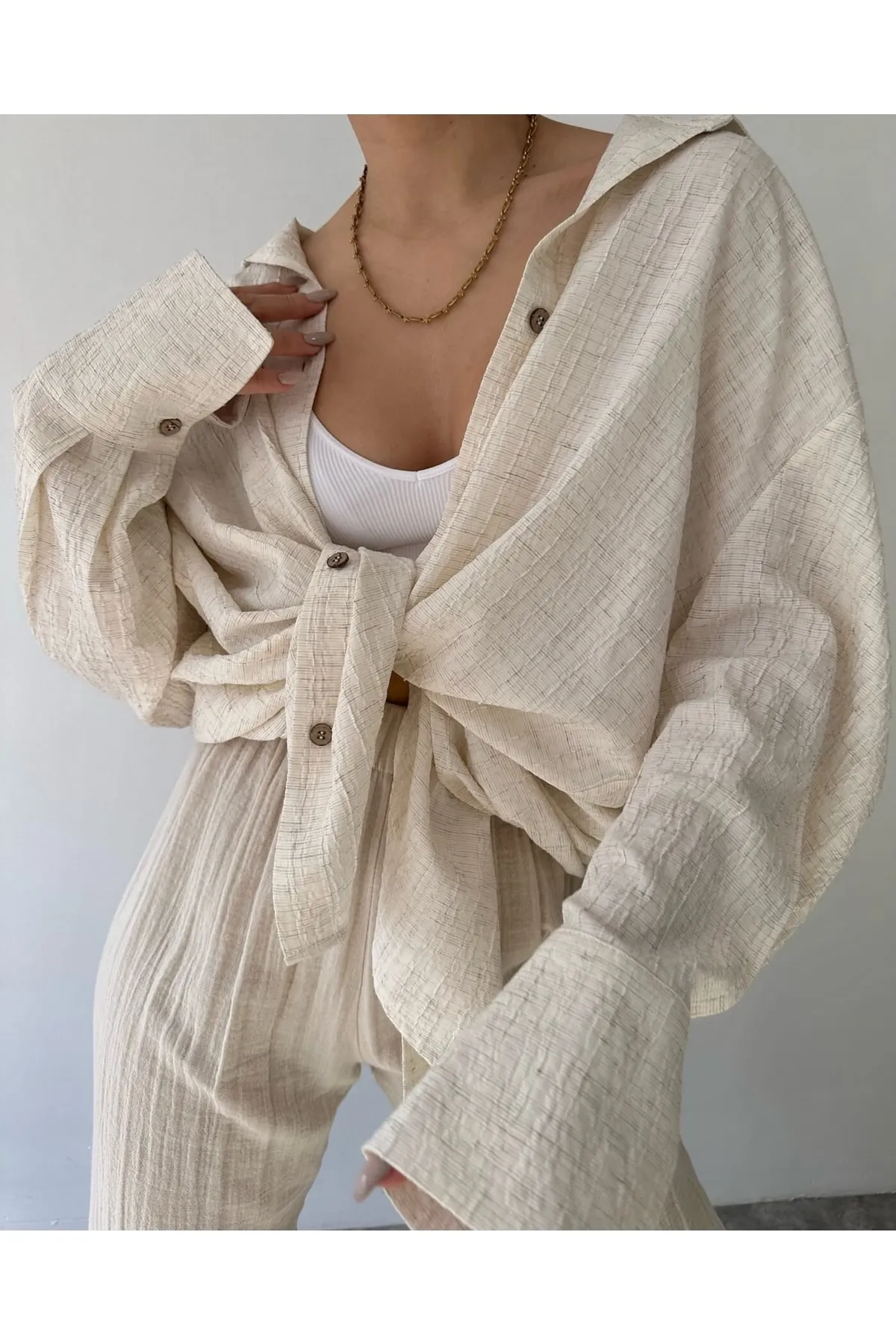 MAİ COLLECTİON  Beiges Durres-Leinen-Oversize-Hemd