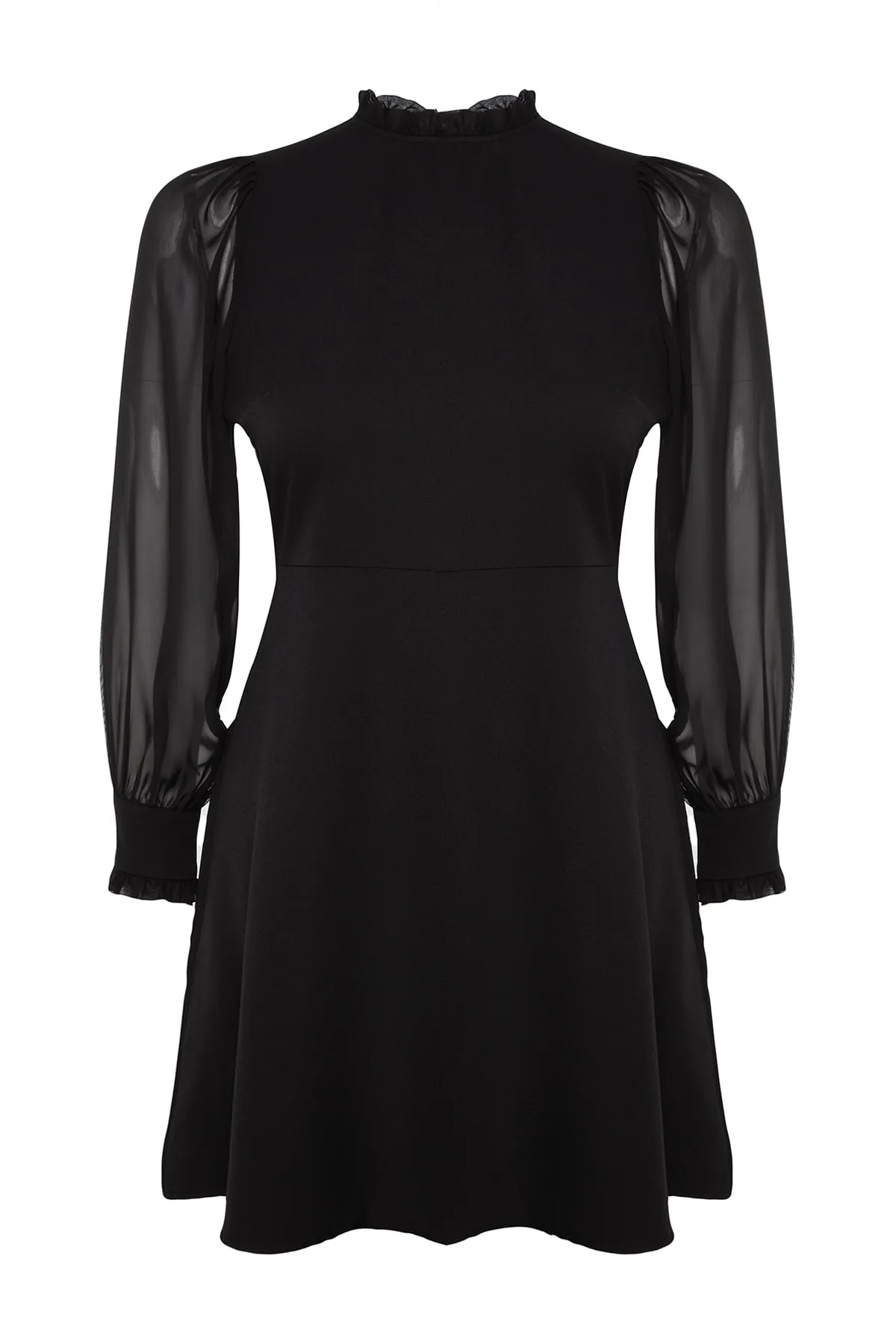 Trendyol Curve  Schwarzes A-Linien-Webkleid mit hohem Kragen TBBAW24AH00049