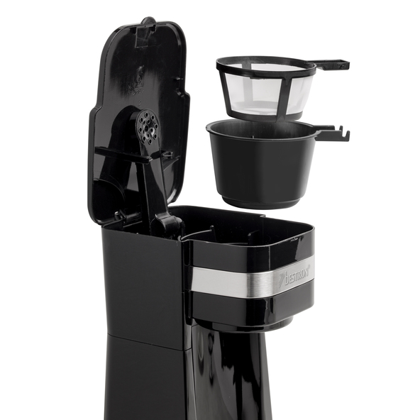 Kompakte Kaffeemaschine mit Thermobecher, silber