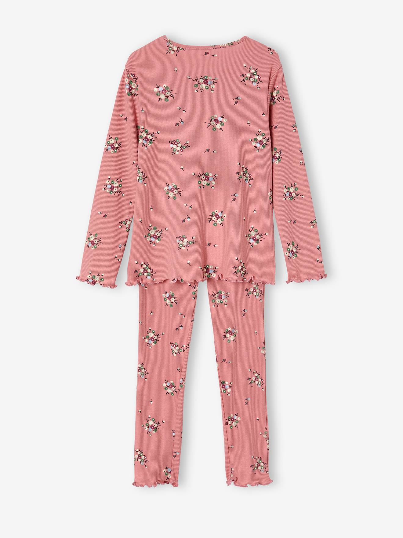 Pyjama fille fleuri en maille côtelée light sauge