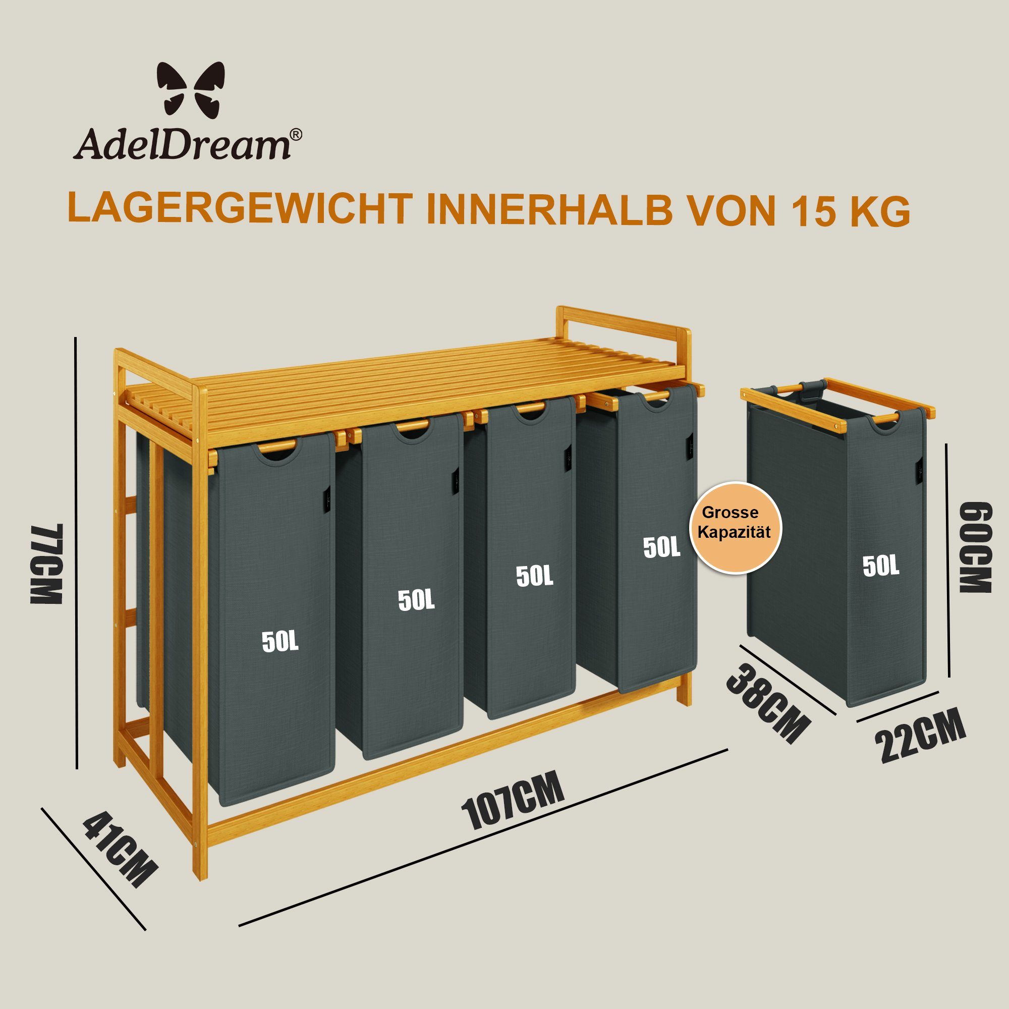 AdelDream Wäschekorb mit Bambusrahmen,200 l, 4 Fächer,Wäschesortierer