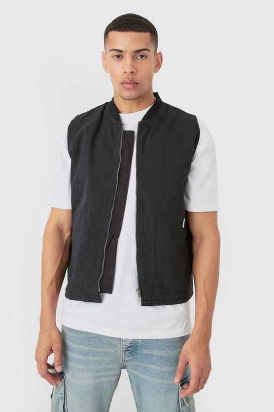 Schwarze Twill Weste mit Man-Etikett und Reißverschluss