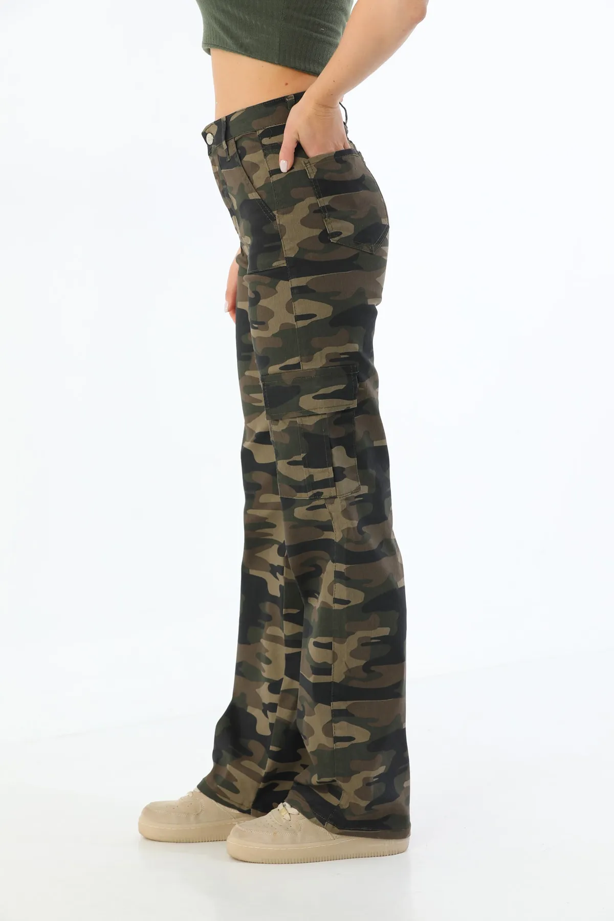 BİKELİFE  Camouflage-Hose mit weitem Bein und Cargotasche aus Lycra mit hoher Taille