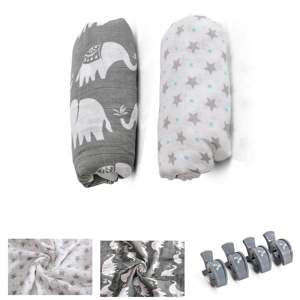 Baby Stoffwindel Set Aimy 120 x 110 cm, Klemmen, Musselin, Spucktücher Mullwindeln