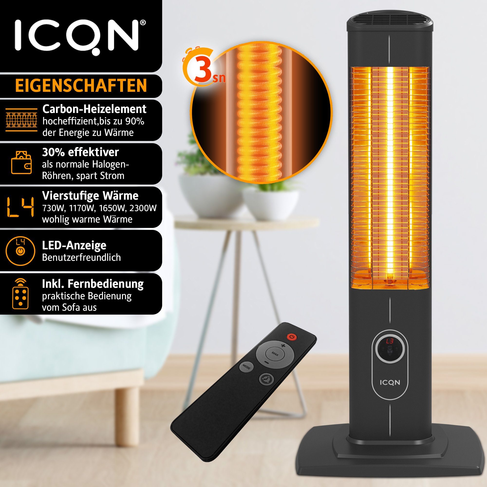 ICQN Heizstrahler IC2300.R, Stand Heizstrahler mit Fernbedienung, Infrarotheizung, 2300 W, für Innen- & Außenbereich, Standgerät, IP20, Digitalanzeige
