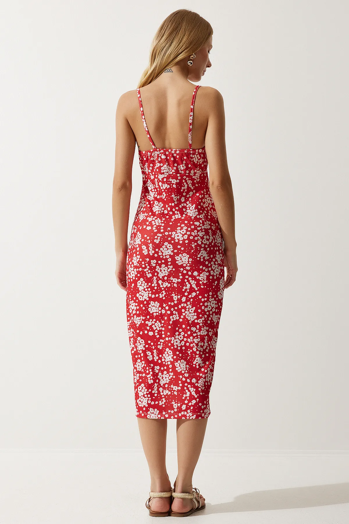 Happiness İstanbul  Leuchtendes weiß-rotes Sommer-Strickkleid mit Blumenmuster und Schlitz für Damen CI00029