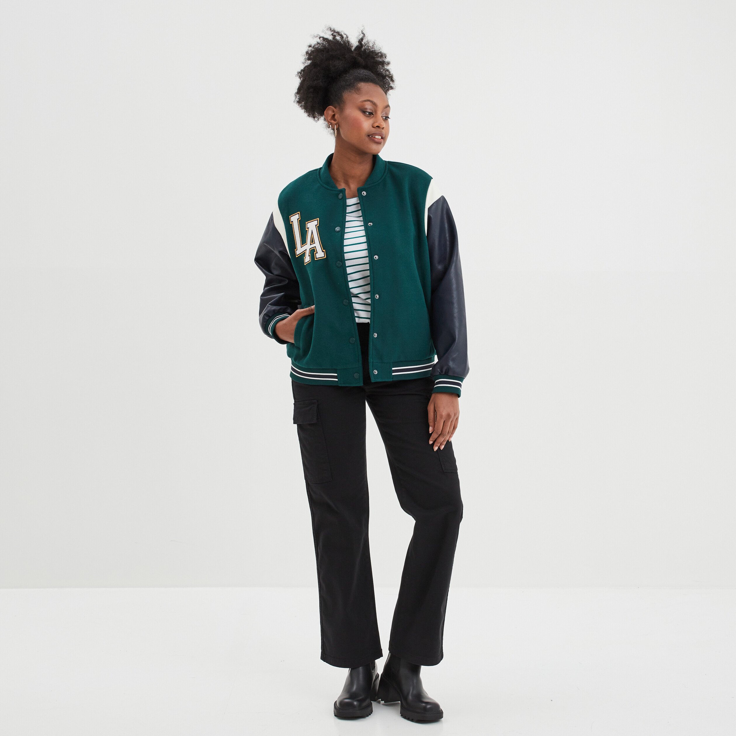 Veste varsity manches simili cuir Creeks vert émeraude femme | La Halle