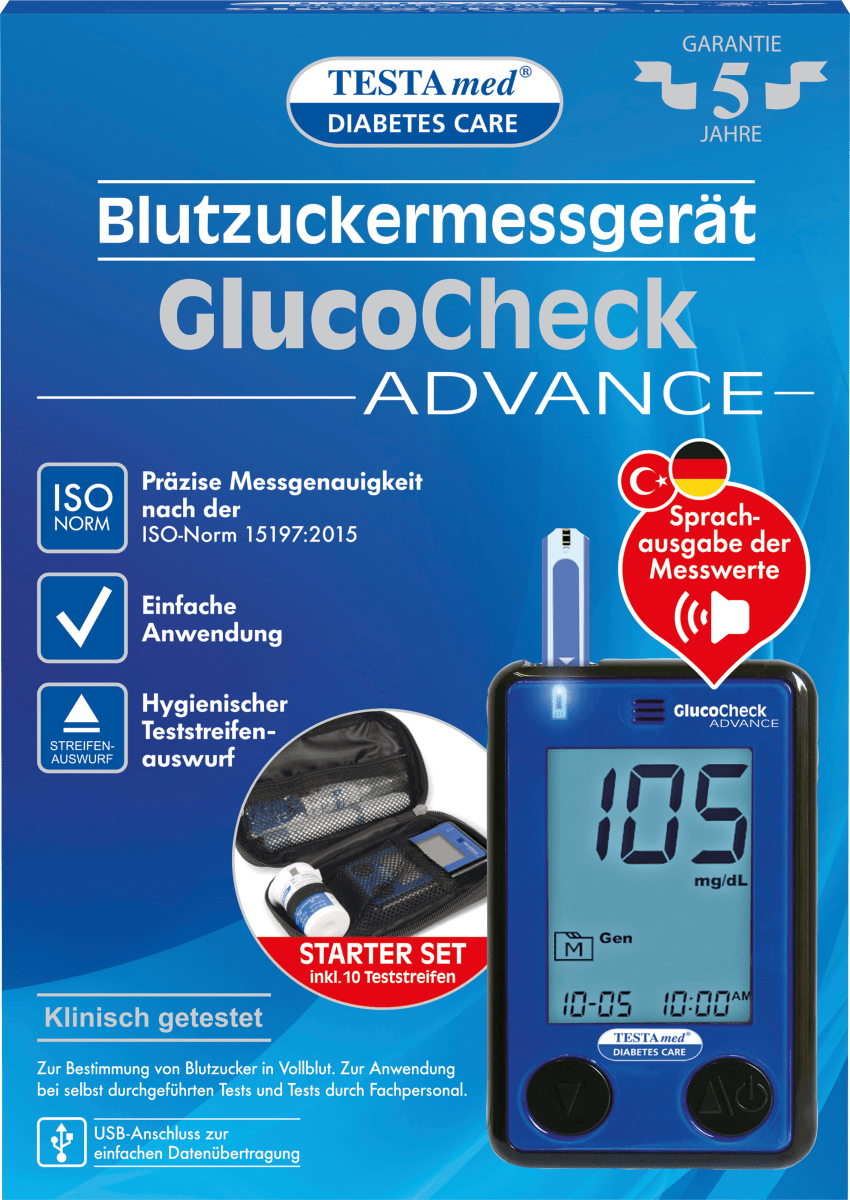 GlucoCheck ADVANCE Blutzuckermessgerät mit Sprachausgabe, 1 St