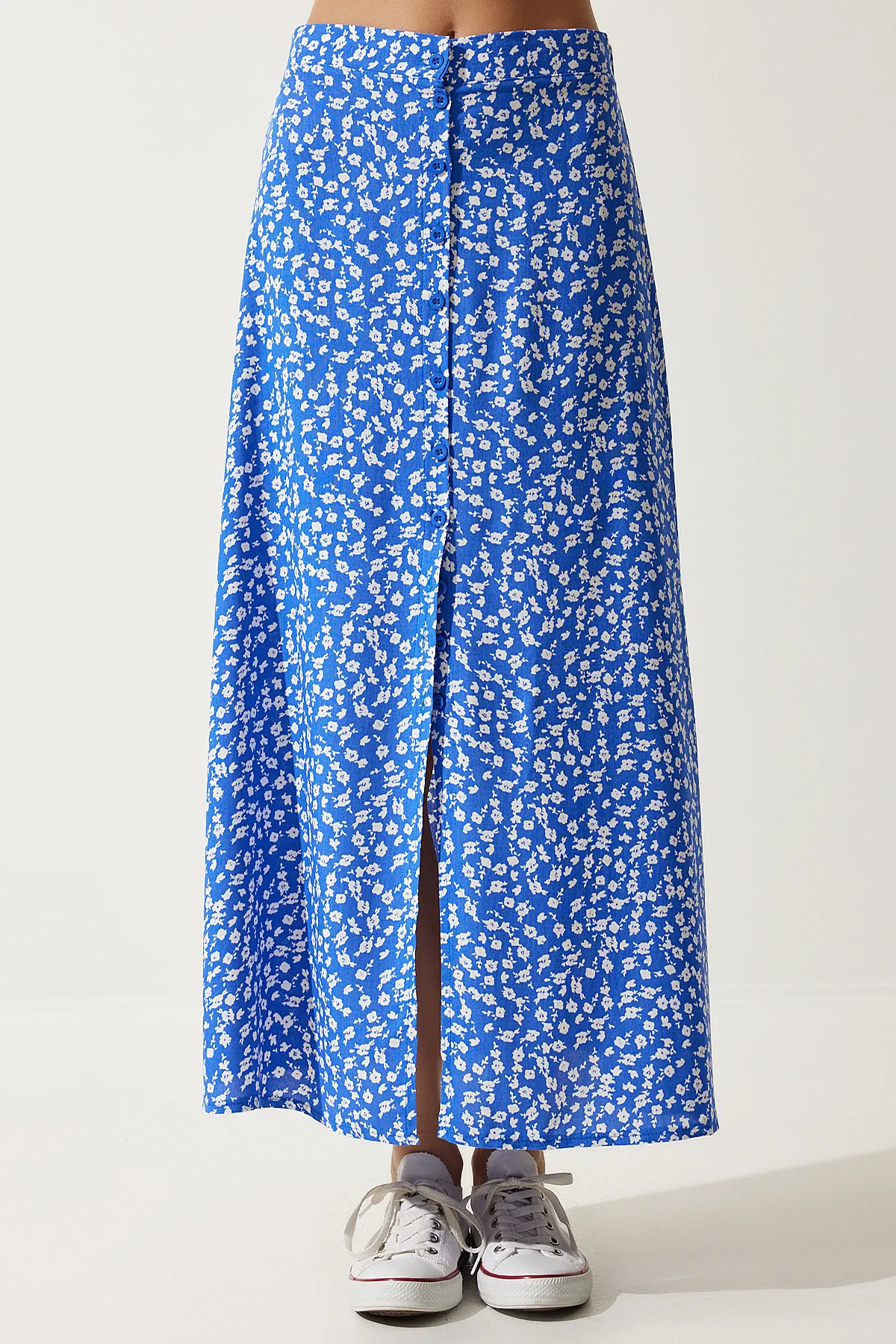 Happiness İstanbul  Blau gemusterter Viskoserock mit Schlitz für Damen UB00246