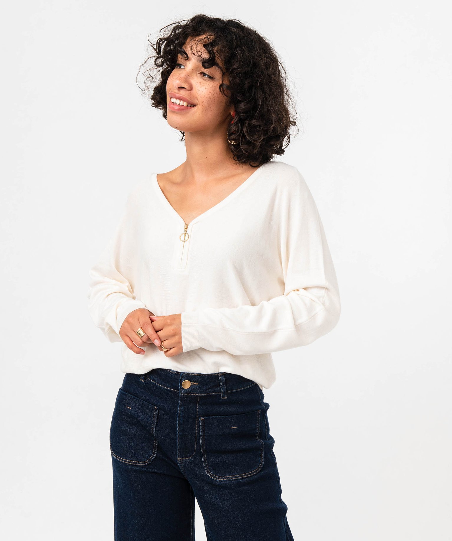 Pull col V zippé et manches chauve-souris femme ecru | GEMO