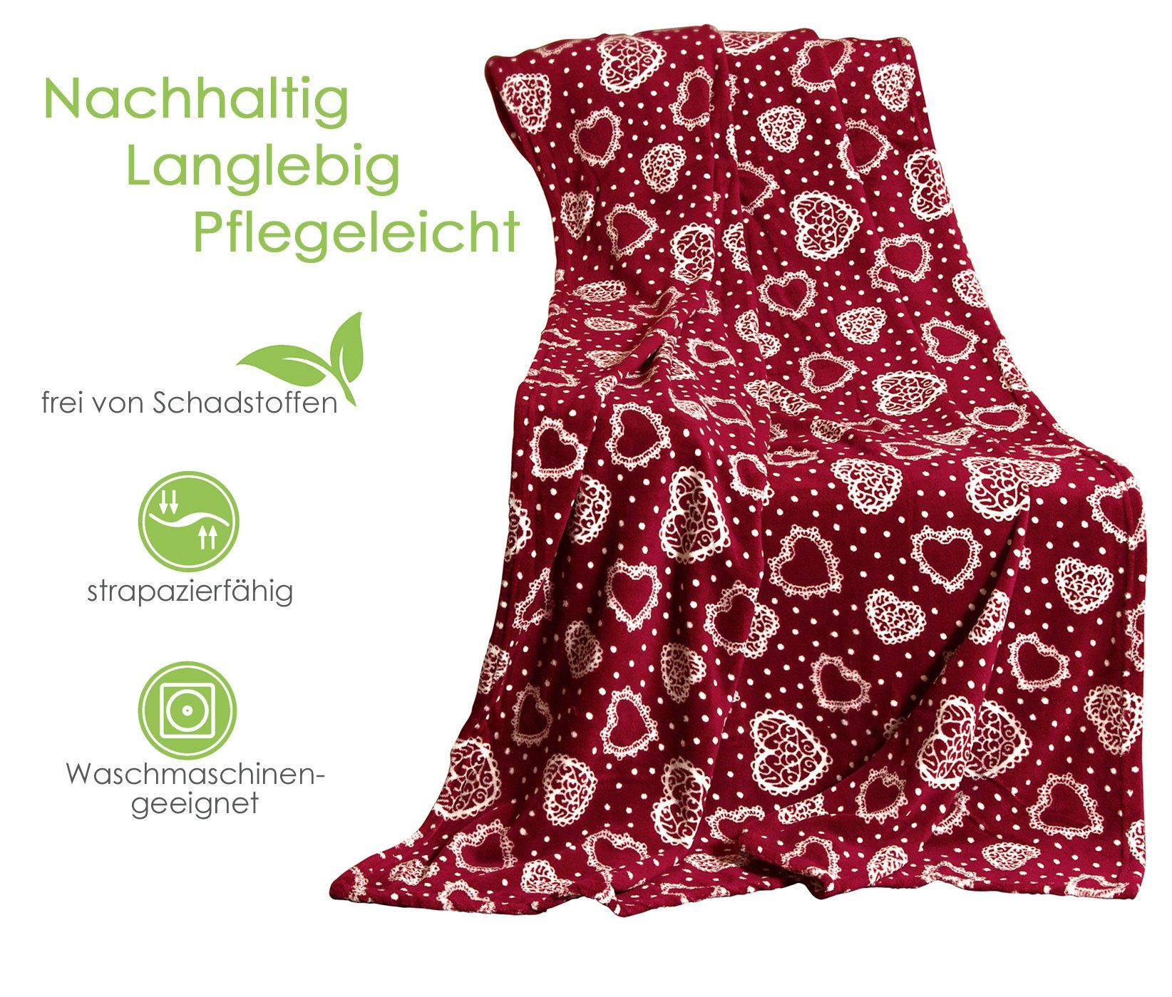 Wohndecke Kuscheldecke Herzen Flanell Sofadecke Landhaus, heimtexland, kuschelig weich und warm I XL 150x200 I Schadstoffgeprüft