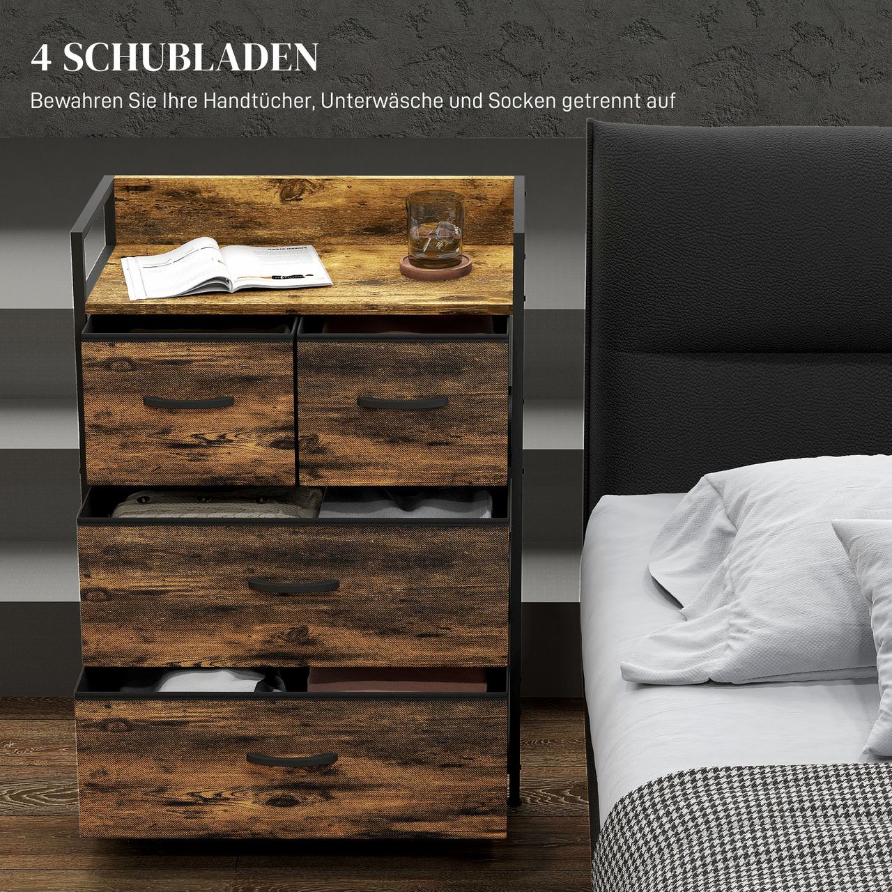 HOMCOM Kommode, Sideboard mit 4 Faltbaren Schubladen aus Stoff, Regal und Griff