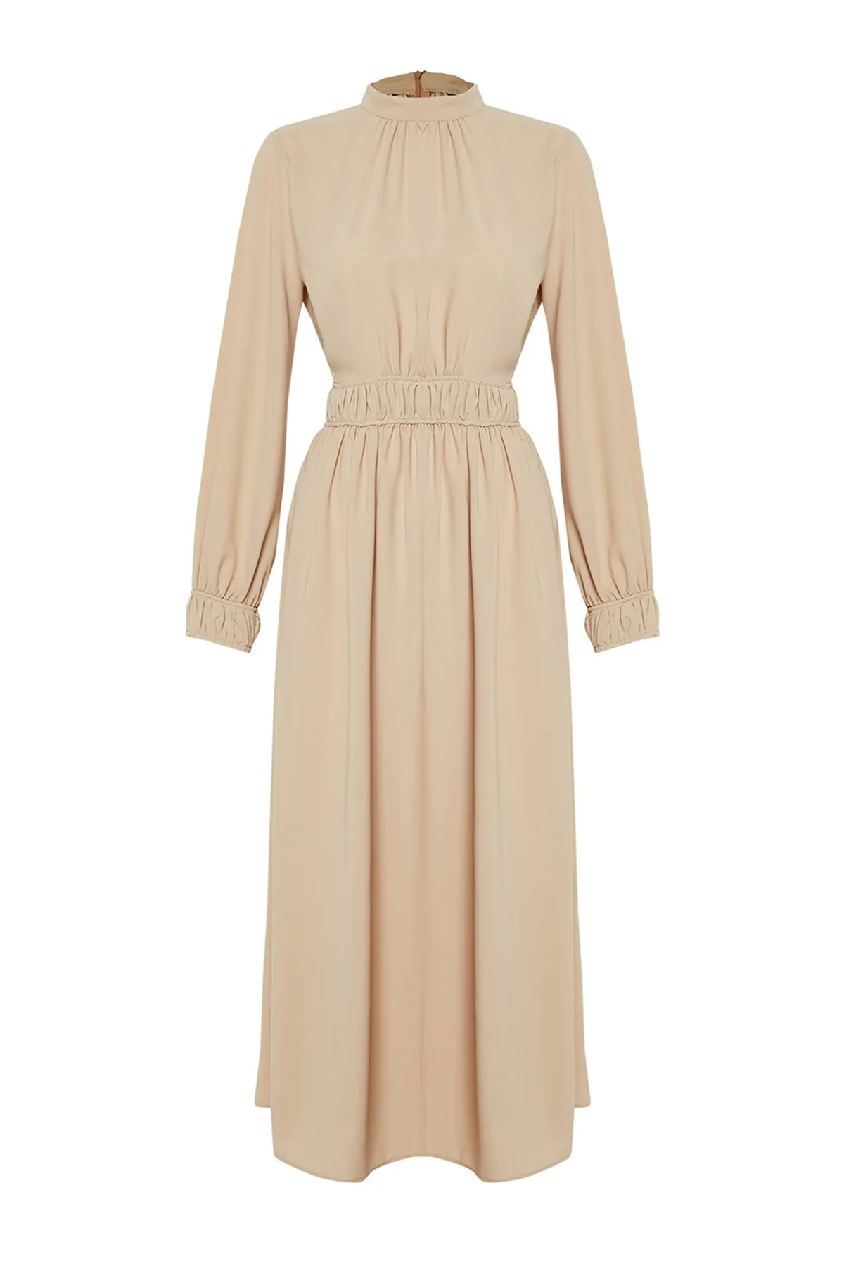 Trendyol Modest  Beigefarbenes, detailliertes, gewebtes Kleid mit Stehkragen, Taille und Ärmeln TCTSS24EB00083